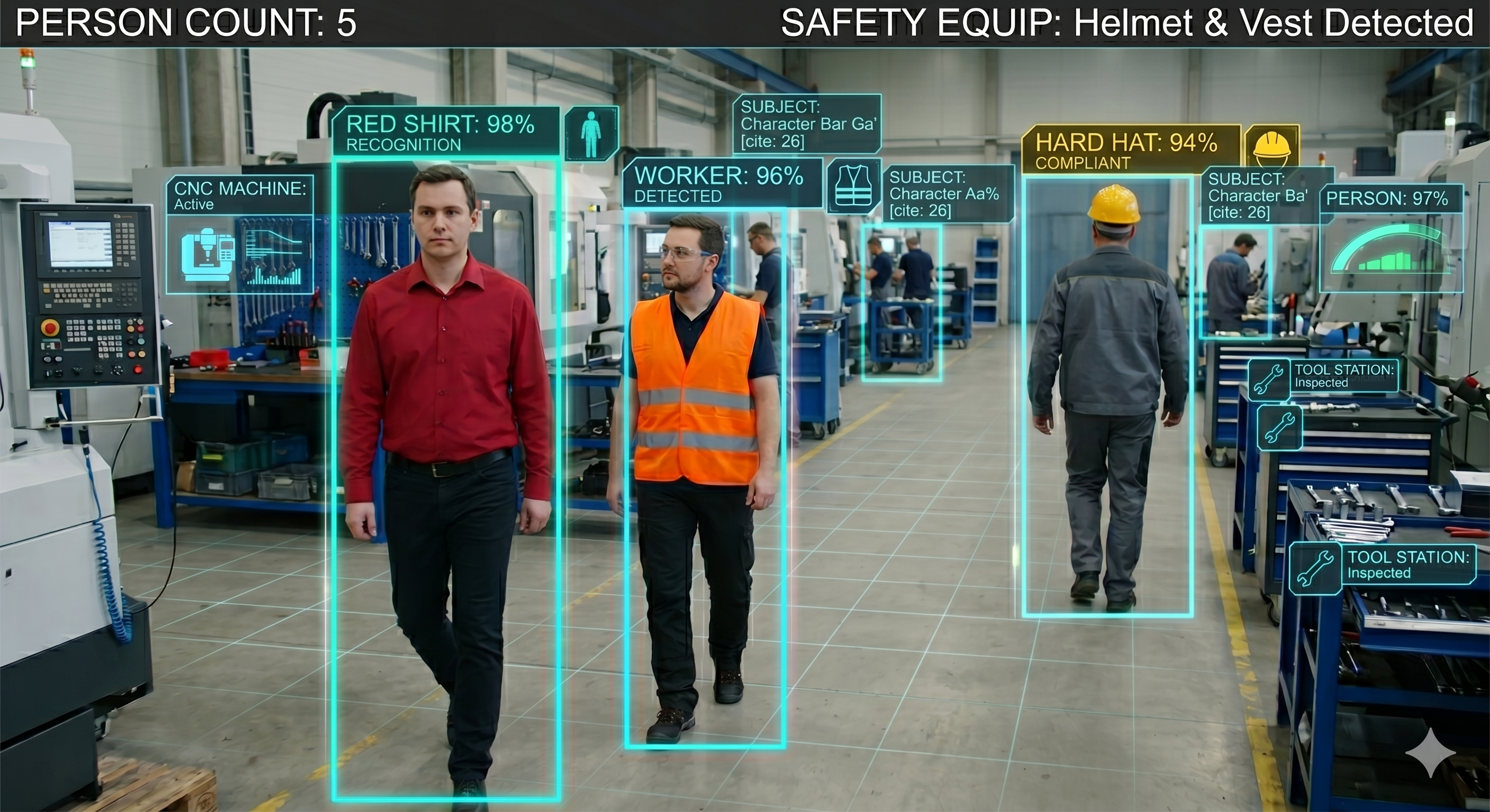 AI annotation showing workers in a warehouse with detected bounding boxes for Person, Worker, Helmet, PPE Vest and a marked restricted zone